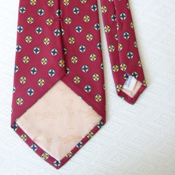 PAUL STUART red floral circle geometric SILK TIE gold blue